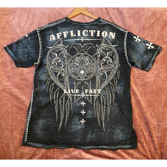 Vintage Y2K AFFLICTION Cross Wings LIVE FAST TEE T-SHIRT Grunge Distressed 3XL - Picture 1 of 6
